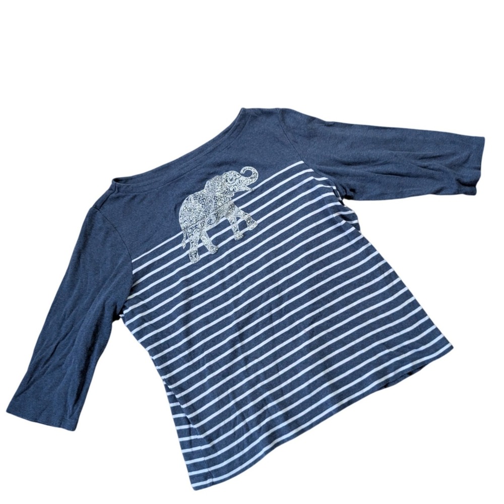 Karen Scott Woman Blue Striped Elephant Rhinestone Cotton Top 1X 3/4 Sleeve